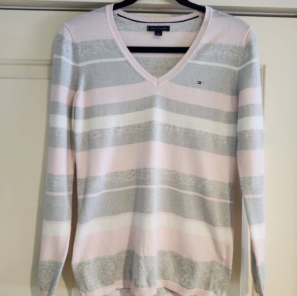 Tommy Hilfiger Women's V-Neck Sweater in Pink and Gray Stripes Size Mediun